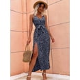 thumbnail image 5 of Summer Floral Print Long Dress Women Sexy Backless Bandage Slit Beach Sundresses Casual Elegant Black V Neck Sleeveless Dress, 5 of 7