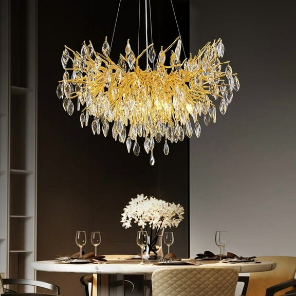 Crystal Chandelier for Dining Room, 24" Modern Living Room Light Fixture, Gold Tree Branch Chandeliers, Round Chandelier for Dining Table, Bedroom, Entryway, Bathroom, Foyer, 8-Light
