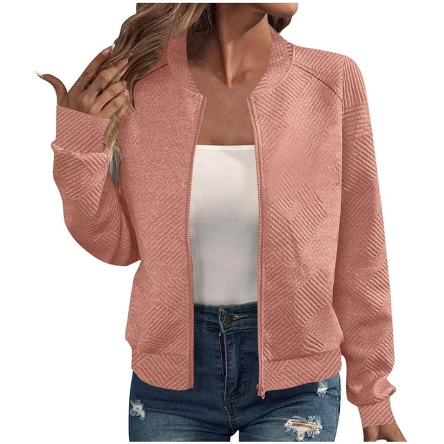 Mgmyaa Veste Bomber pour Femme Décontractée, Couleur Unie, Poche, Manches Longues, Manteau d'Extérieur à Fermeture Éclair