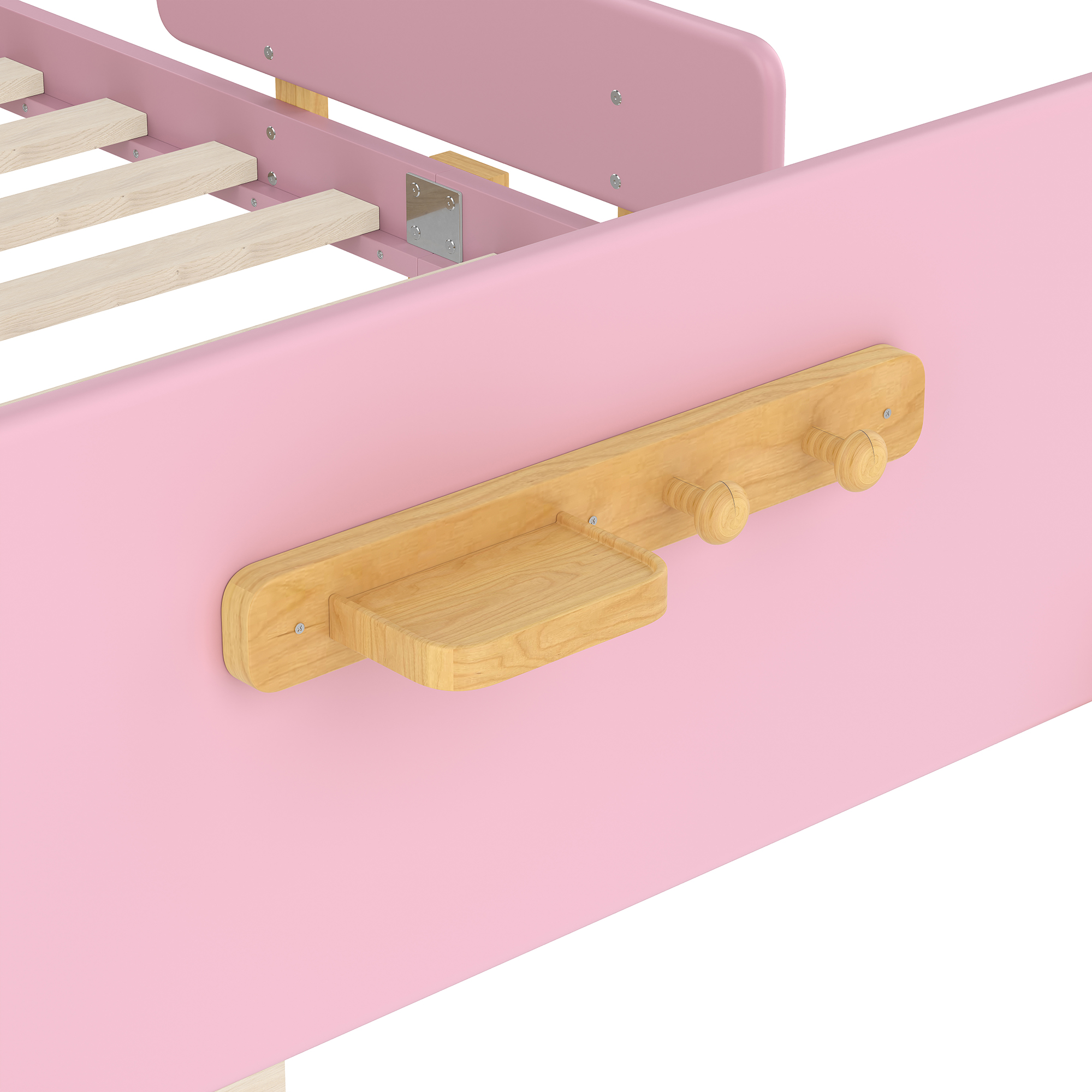 Miniyam Full Bed with Storage Drawers, Guardrails, Footboard Shelf & Side Hooks for Kid, Pink