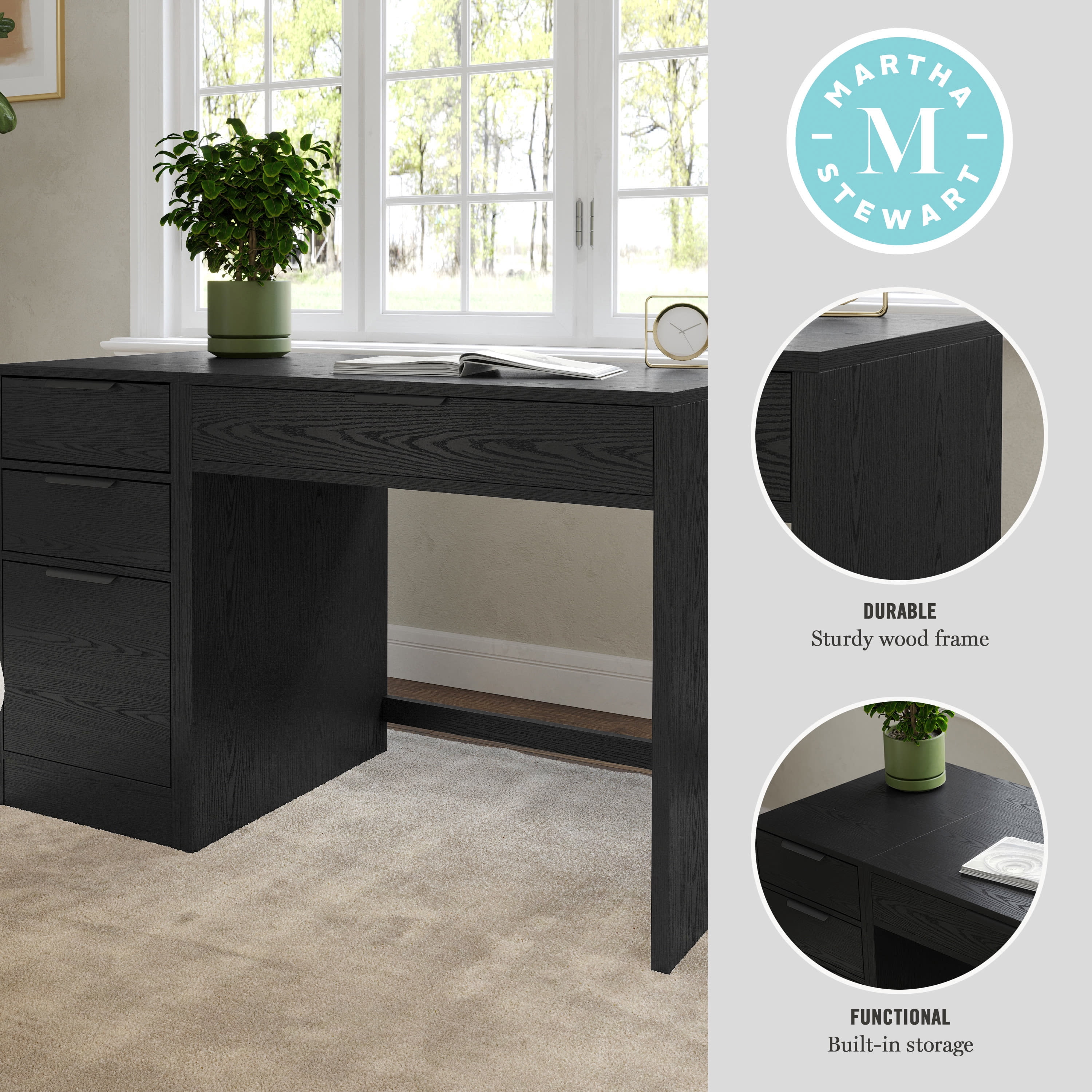 Martha Stewart Home Office Modular Single-Drawer Desk with 3 Drawer File Cabinet in Black with Oil Rubbed Bronze Hardware