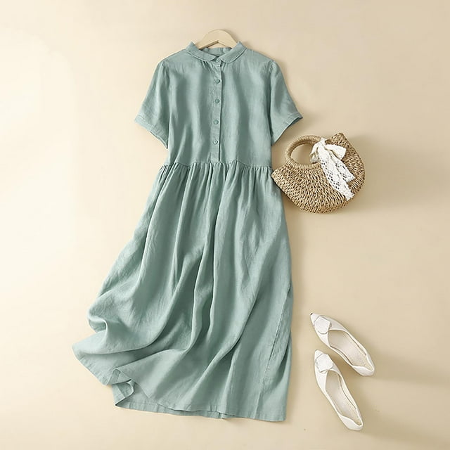 Fartey Robes d'Été pour Femmes à Moins de 10 $ Vintage à Manches Courtes en Coton et Lin Robe Midi Couleur Unie Bouton Col à Revers Robe de Plage Décontractée Tunique Fluide Robe d'Été Quotidienne
