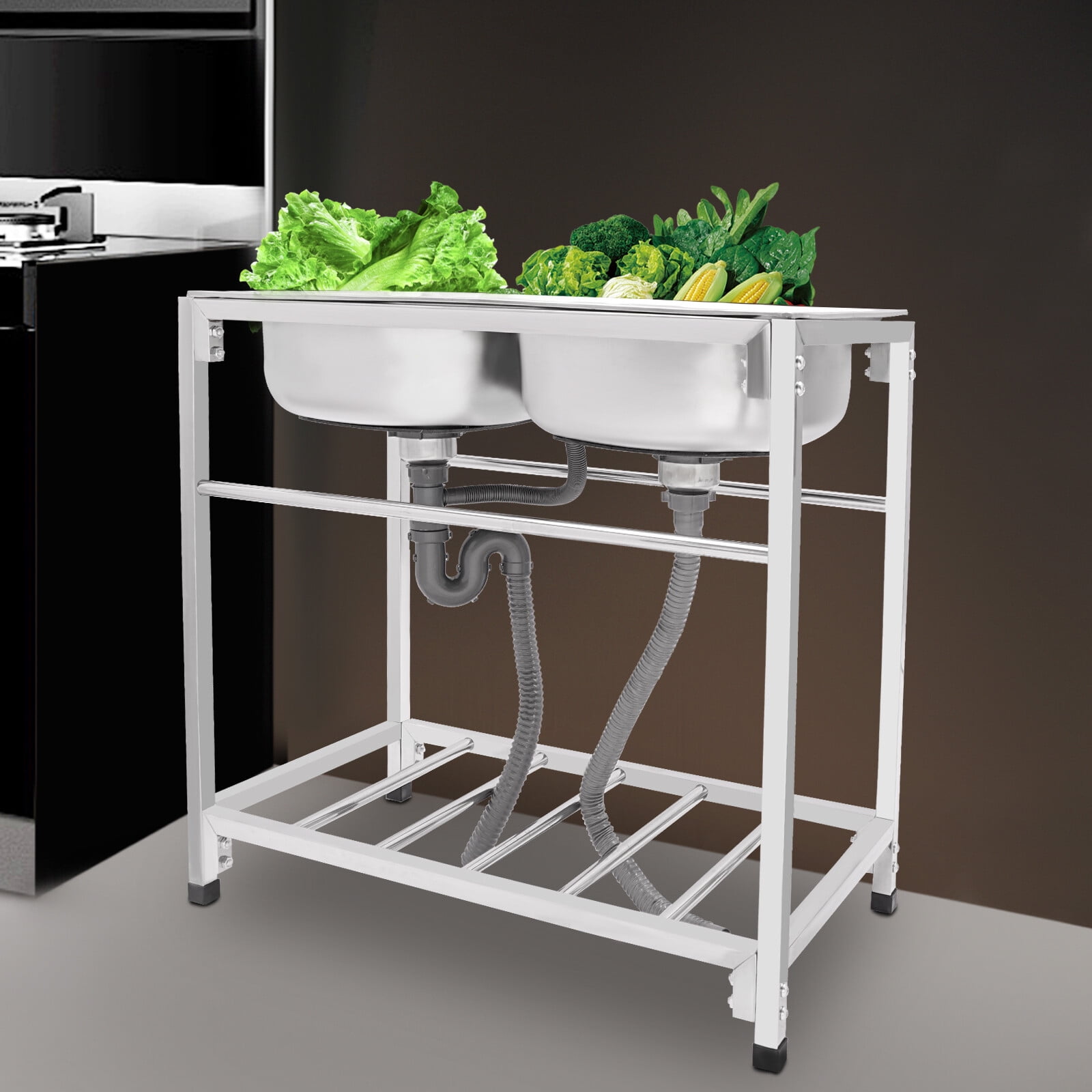 Commercial Stainless Steel Sink, Kitchen Freestanding Double Bowl Utility Sink Silver 32.7*17.3*30.3in for Stores, Garages, Utility Rooms, Kitchens