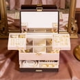 thumbnail image 3 of Casegrace 3-Tier 3D Structure Jewelry Box with Double-Sided Pull-Out Tray, Striped Color-Block PU Leather Jewelry Storage Box, Built-in Mirror, Layered Expandable Portable Jewelry Organizer Case, 3 of 10
