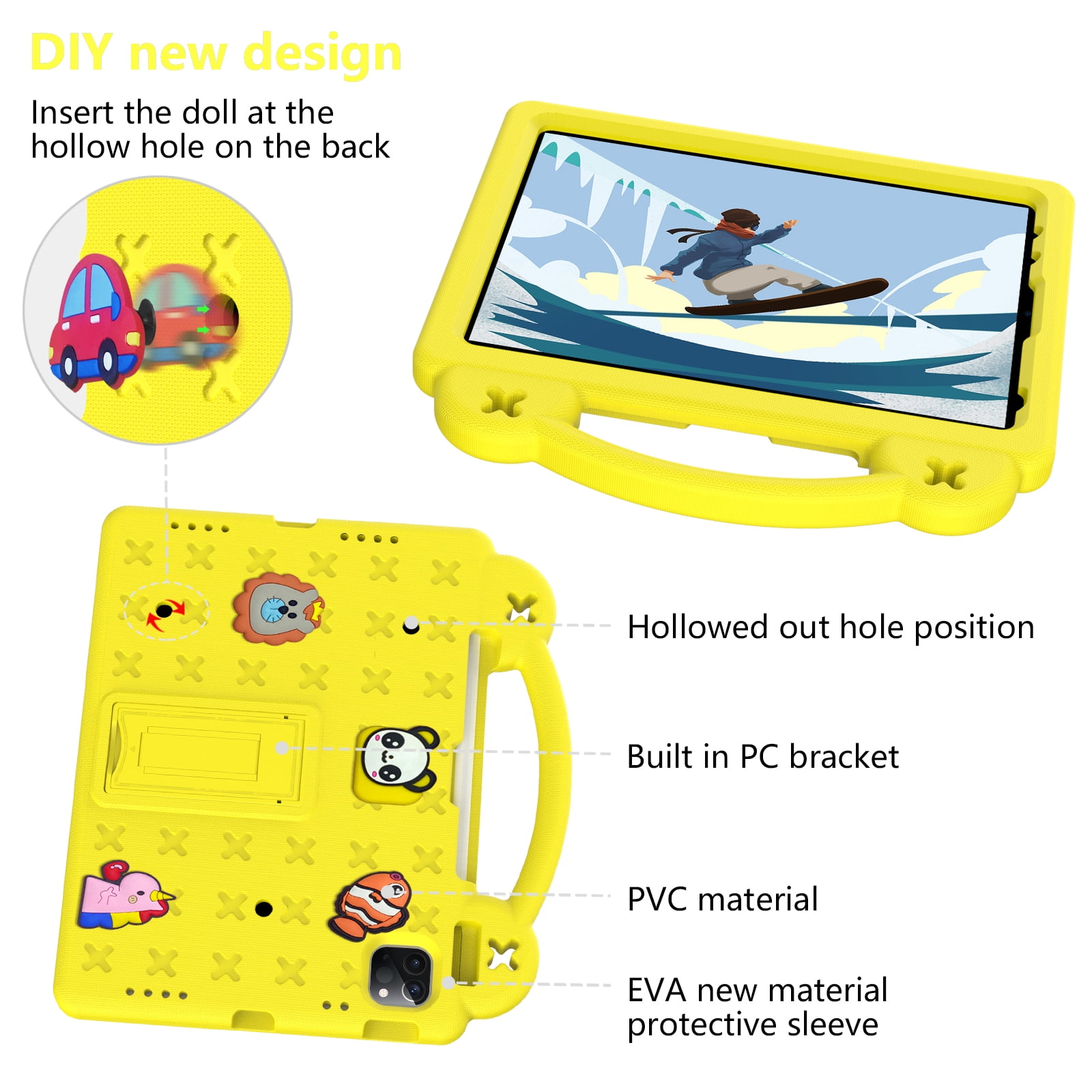 Cartoon Handle Case for iPad 10th Gen 10.9" 2022 Case, EVA Foam Cute Pattern with Pencil Holder Kickstand Cute Shockproof PC Case for Apple iPad 10th Gen 10.9" 2022 , Yellow