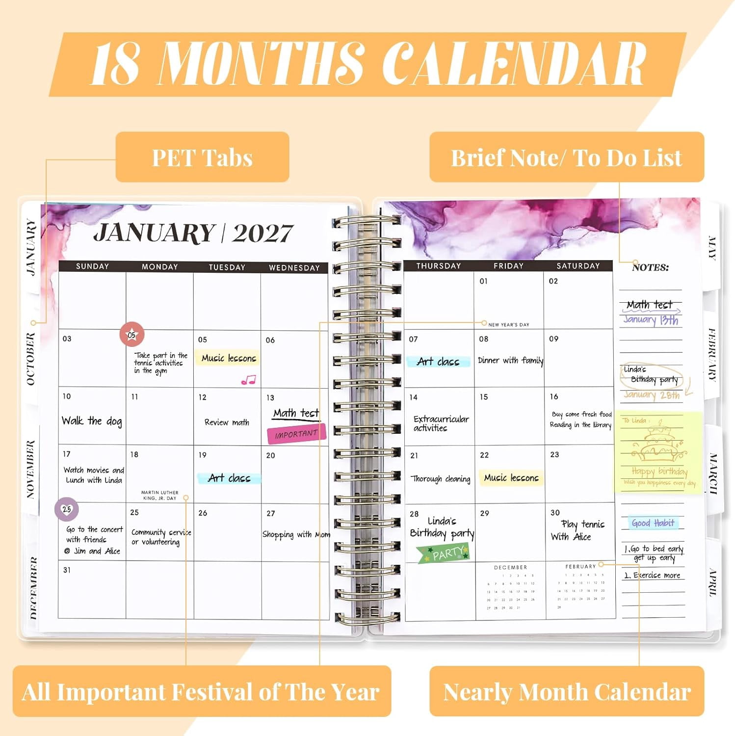 Planner 2026-2027, Large 18 Months Academic Daily Weekly Monthly Yearly Agenda Jan. 2026–June. 2027, 7.9" x 9.8", Page Tabs, Separator Page, Pocket Folder, Bookmark, Stickers, Sticky Note Set