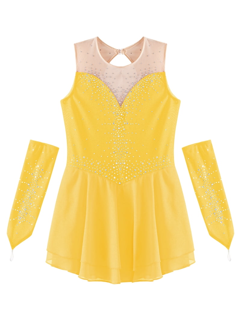 Haitryli Kids Girls Figure Skating Dress with Gloves Rhinestone Sleeveless  Lyrical Ballet Dance Performance Costume Yellow 8 - Walmart.com