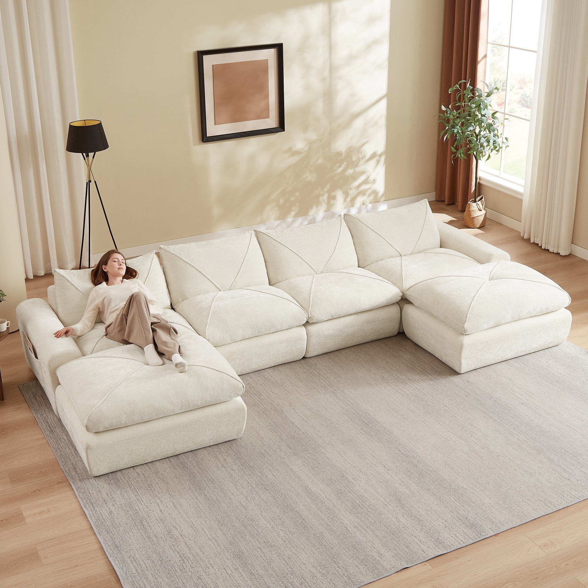 Sailvan Modern Chenille Modular Sectional Sofa with Ottoman,Comfortable Minimalist Living Room Furniture for Families and Apartments Beige