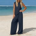 thumbnail image 2 of Cotton Linen Outfits for Women Summer Trendy Vacation Clothes 2 Piece Sleeveless Tank Top Wide Leg Pants Set (XL, Navy), 2 of 6