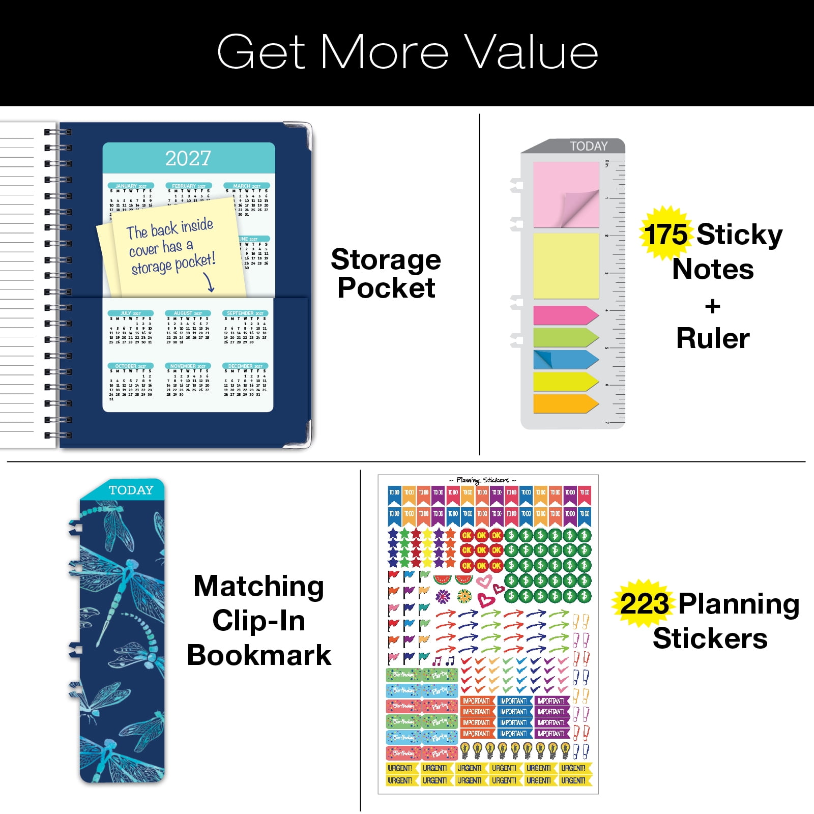 2026-2027 Excello Brands 8.5" x 11" Academic Year Hardcover Fashion Planner, Weekly/Monthly, 14 Month, Dragonflies