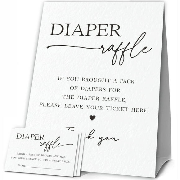 Minimalist Diaper Raffle Kit with Standing Sign and 50 Tickets for Baby Shower Games, Modern Black and White Theme for Gender Reveal Party Decorations and Supplies