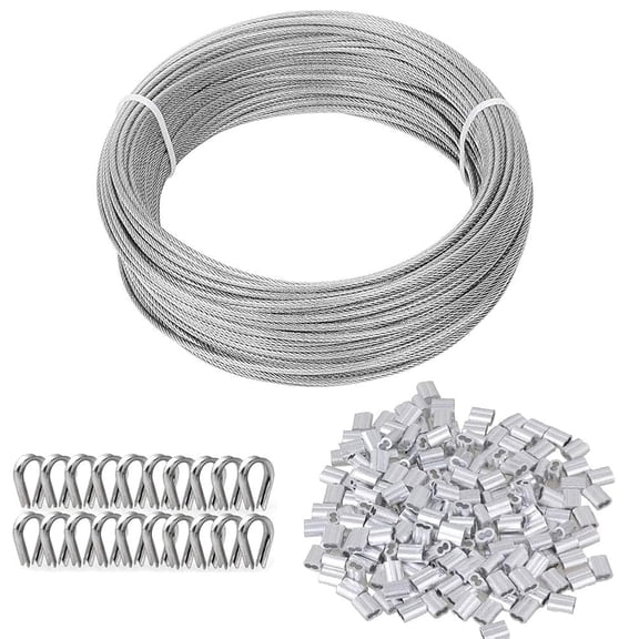 TooTaci 1/8 Inch Vinyl Coated Metal Wire Rope Kit,100FT Braided Steel Cable with Crimping Sleeves and Thimbles for Clothesline,Outdoor Garden