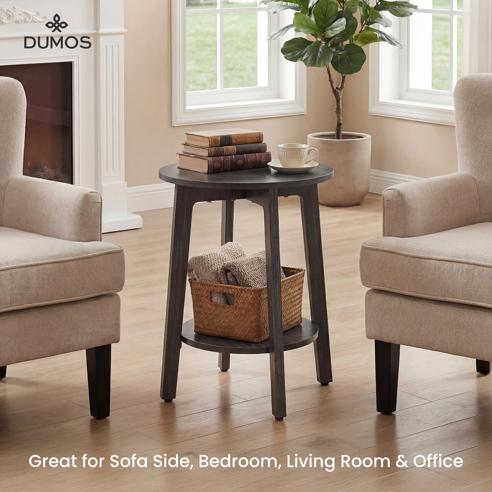 CONCETTA Set of 2 Round 2-Tier Bedside Nightstand, Side End Tables with Tapered Legs, Gray