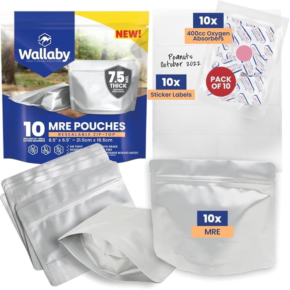 Wallaby 10 Count MRE Mylar Bags with 400cc Oxygen Absorbers, 15 Mil Total Thickness Long-Term Food Storage Pouches, 6.5x8.5 Stand-Up Zipper Heat-Sealable Airtight Packaging - Silver
