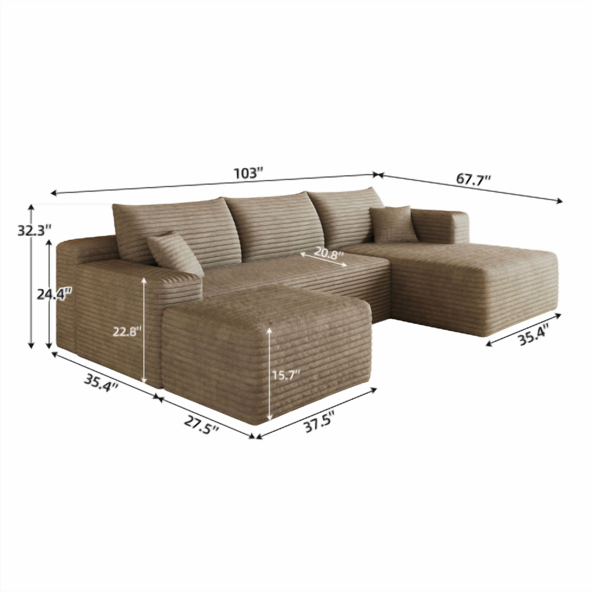103" Cloud Sectional Sofa, Modern L Shaped Deep Seat Couch, Plush Corduroy Upholstered Sofa No Assembly, Living Room