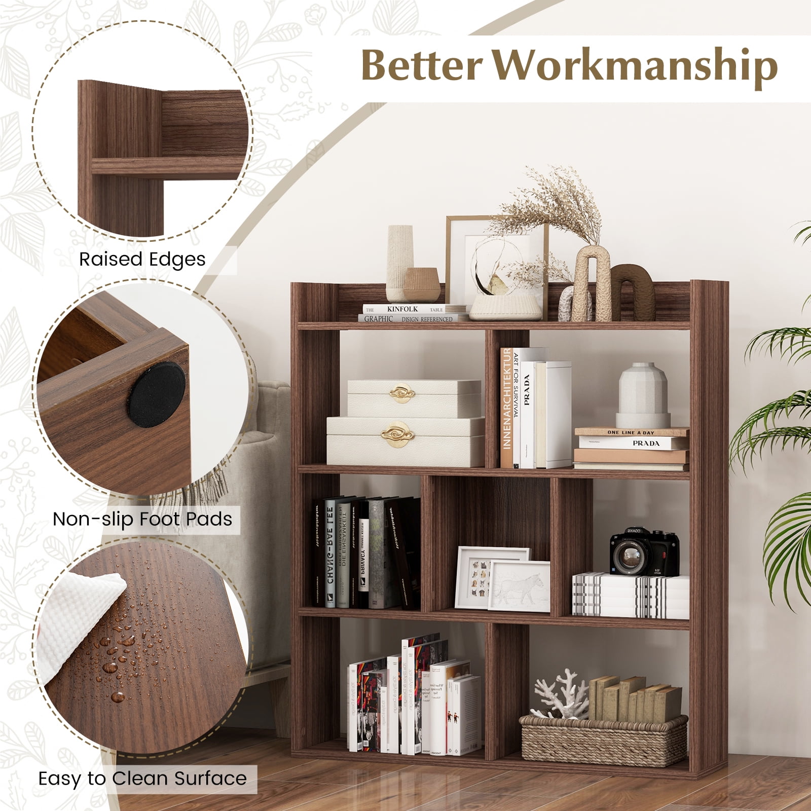 Giantex 7 Cube Bookshelf, Free-Standing Wooden Bookcase, 4 Tier Home Display Shelf, Horizontal Storage Unit for Home