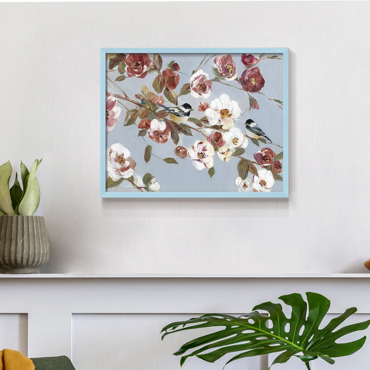 Chickadees and Blossoms II by Sally Swatland - Restickable Framed Giclée Print