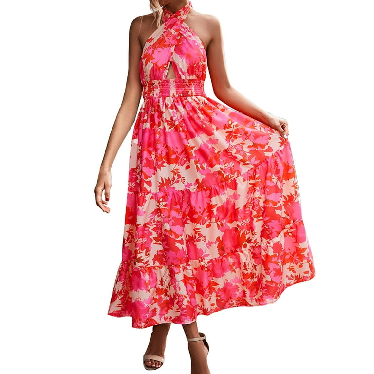 LBECLEY for and Flare Dress Women s Halter Backless Floral Print