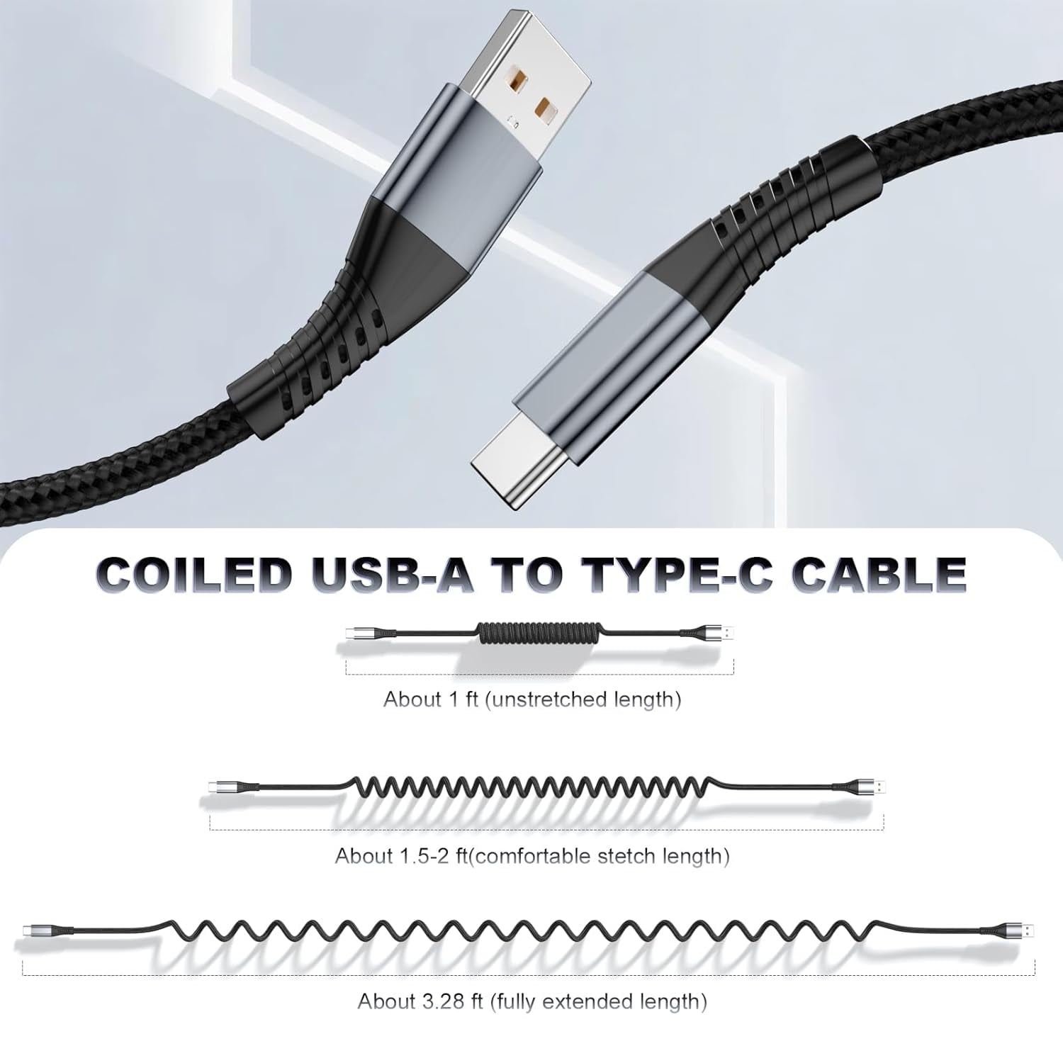 2Pack USB C Charger for Car, Coiled USB A to USB-C Cable Retractable - 3A Fast Charging & Tangle-Free Braided Type-C Cord for iPhone 17/16/15 Series/Pixel/Moto/LG and More (Flexible 1-3Ft)