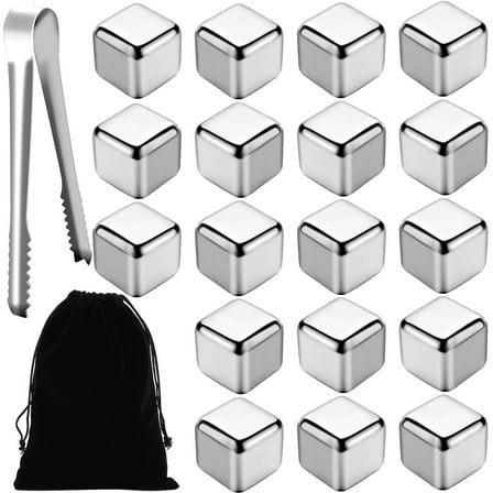 18Pcs Metal Ice Cube,Reusable Whiskey Stones,Stainless Steel Ice Cubes,Refreezable Chilling Ice Cubes,Metal Chilling Rocks with Tongs and Drawstring Bag for Whiskey Vodka Juice Milk Soda