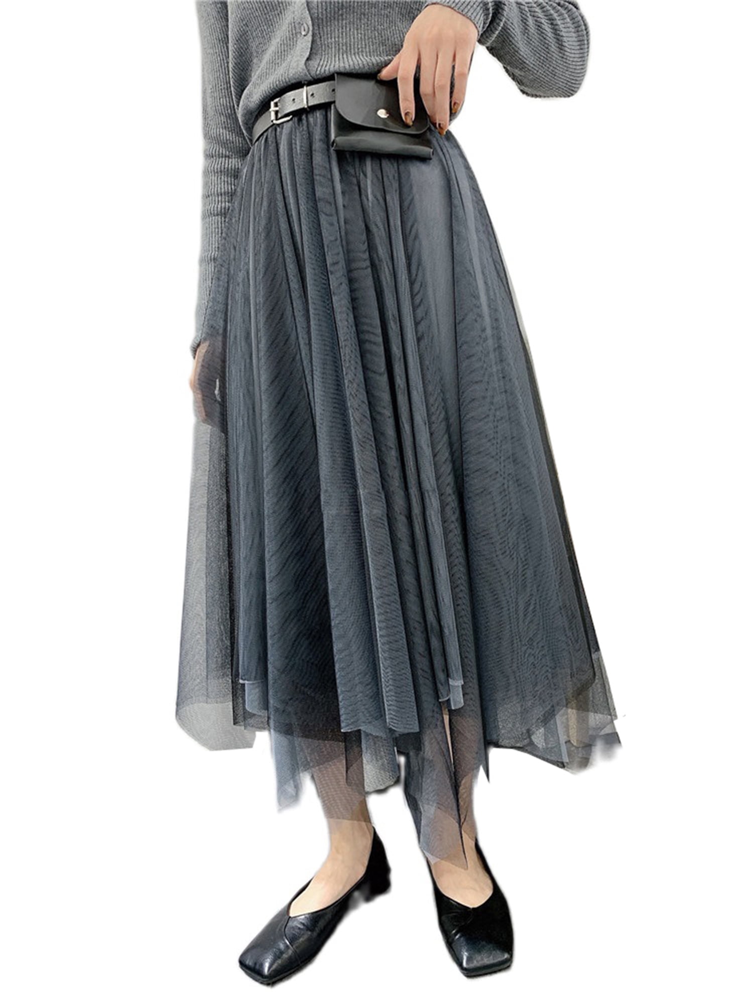 Women Midi Tulle Skirts, Casual High Waist Asymmetrical Layered A-Line Tutu Skirt with Belt Bag