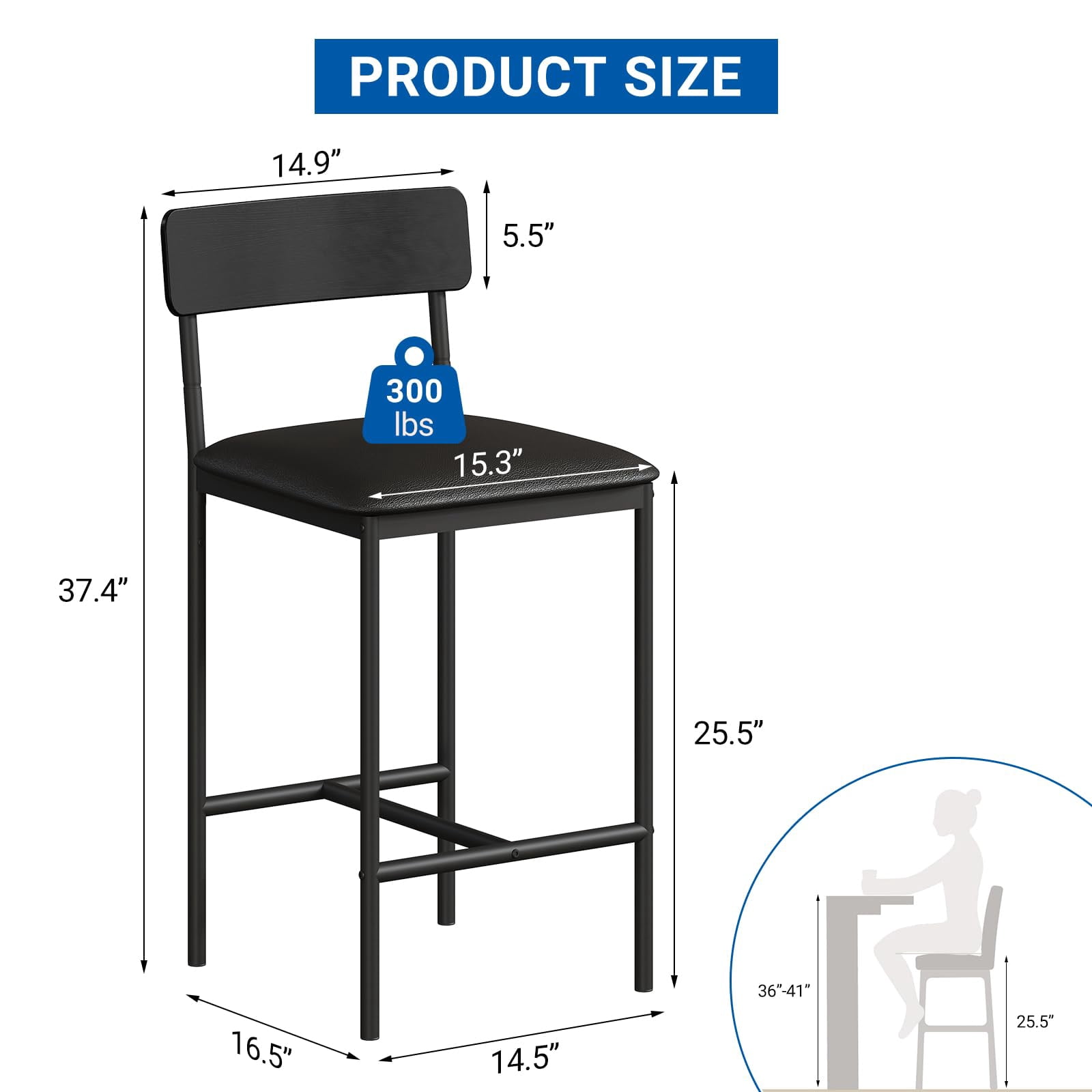 Bar Stools Set of 2,Kitchen Bar Stools with Footrest,25.5 Inches Upholstered Bar Chairs with Back,Counter Height Barstools for Counter Bar,Island,Easy Assembly