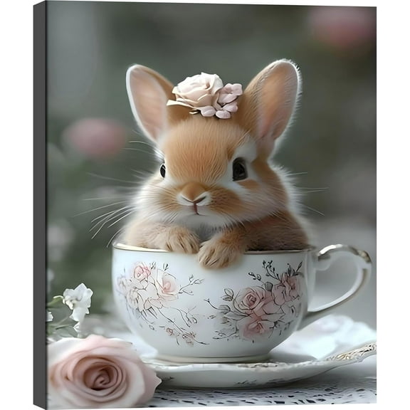 Aaheei Teacup Bunny Canvas Wall Art, Lovely Brown Rabbit Easter Poster Print Painting Wall Decor, Fashion Artwork Picture for Living Room,Bedroom, Home Decor
