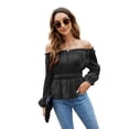 thumbnail image 4 of Franhais Women's Tops, Off Shoulder Long Sleeve Solid Color Ruched Ruffle Hem Pullover Shirt, Black/Blue/Yellow/Wine Red, 4 of 9