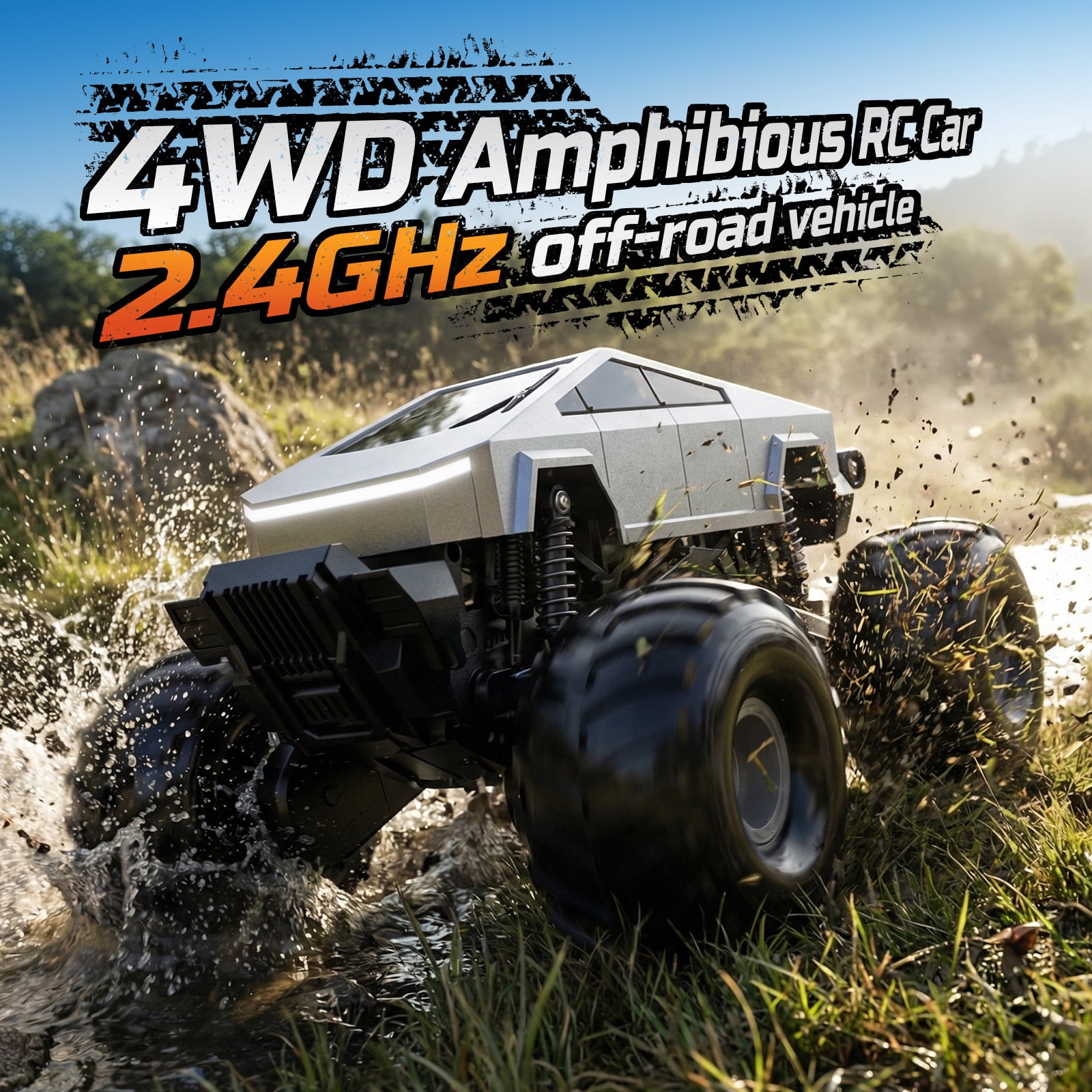 JoyStone Amphibious RC Car for Kids, 4WD Remote Control Monster Truck, All-Terrain Waterproof RC Truck with 360° Stunts, One-Key Stand-Up, LED Lights, Off-Road Toy for Boys Girls