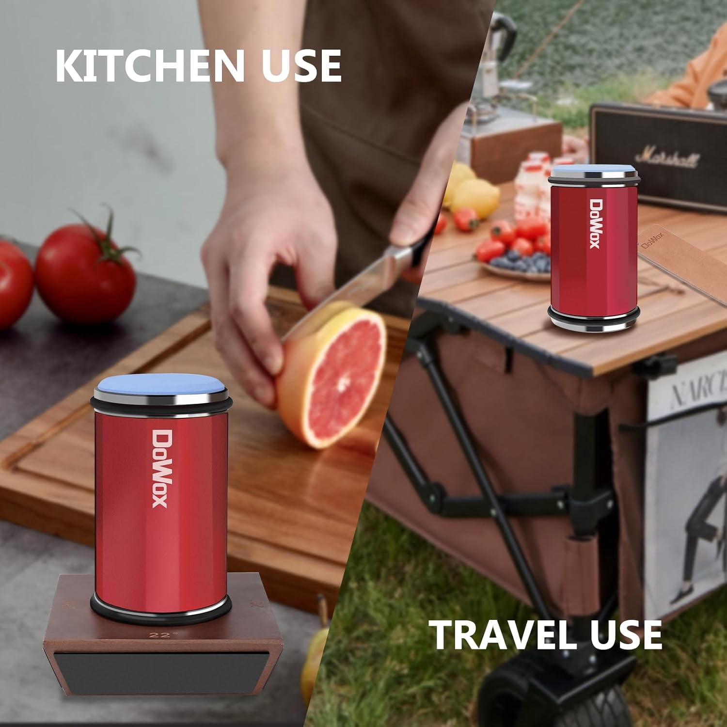 Upgraded Rolling Knife Sharpener with Leather Strop, 4 Angle Base & 4 Replaceable Discs for Kitchen Knives, Red