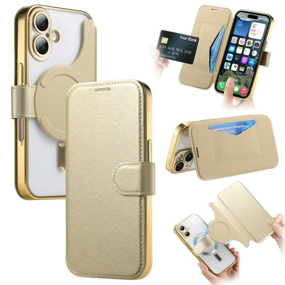 for iPhone 16 Plus Wallet Case with Camera Lens Protector Film, Clear Magnetic Phone Cover Compatible with Mag-Safe Charging, RFID Blocking PU Leather Case with Card Holder Flip Kickstand, Gold