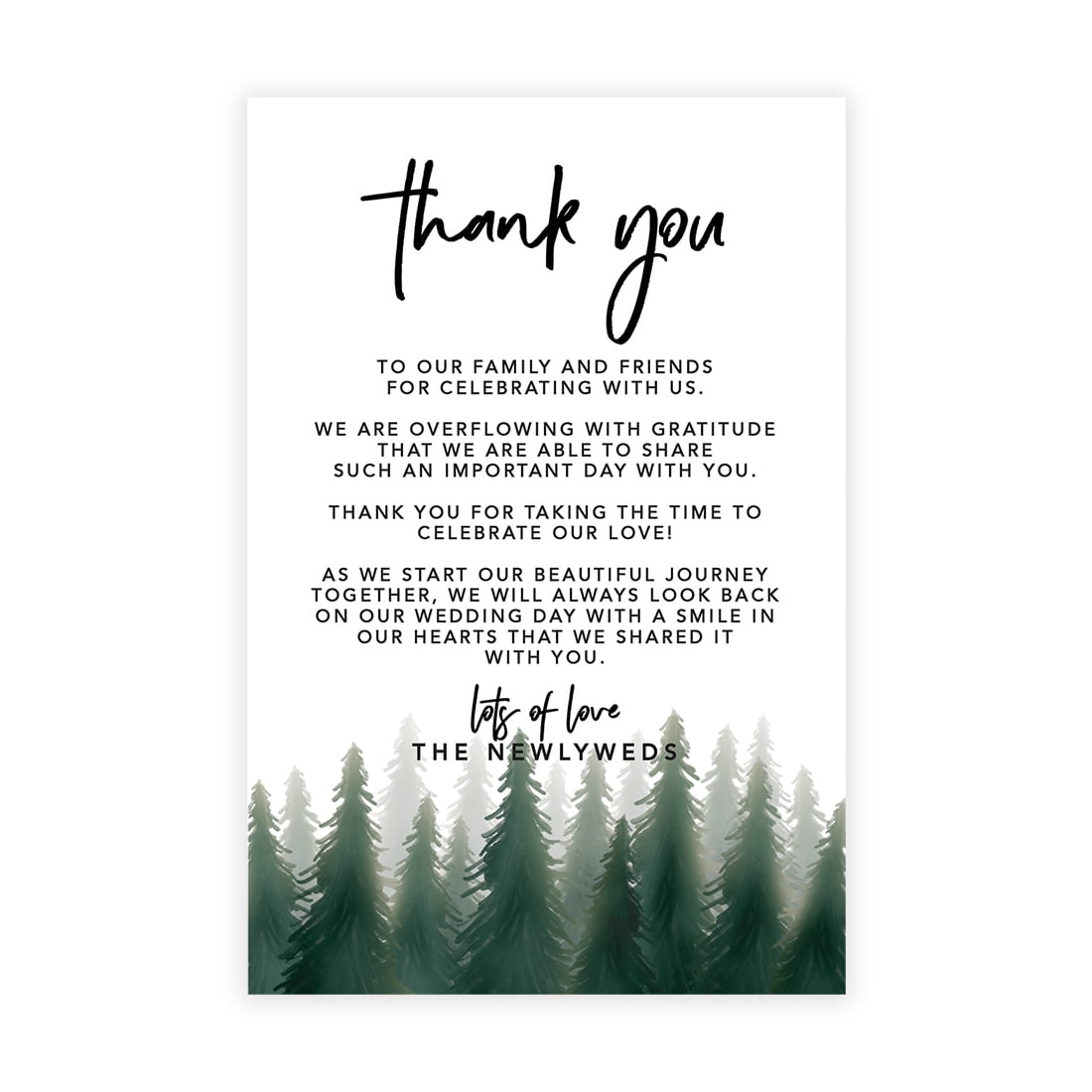 Andaz Press Watercolor Pine Trees Woodland Forest Wedding Thank You Place Setting Cards for Table Reception, 56-Pack
