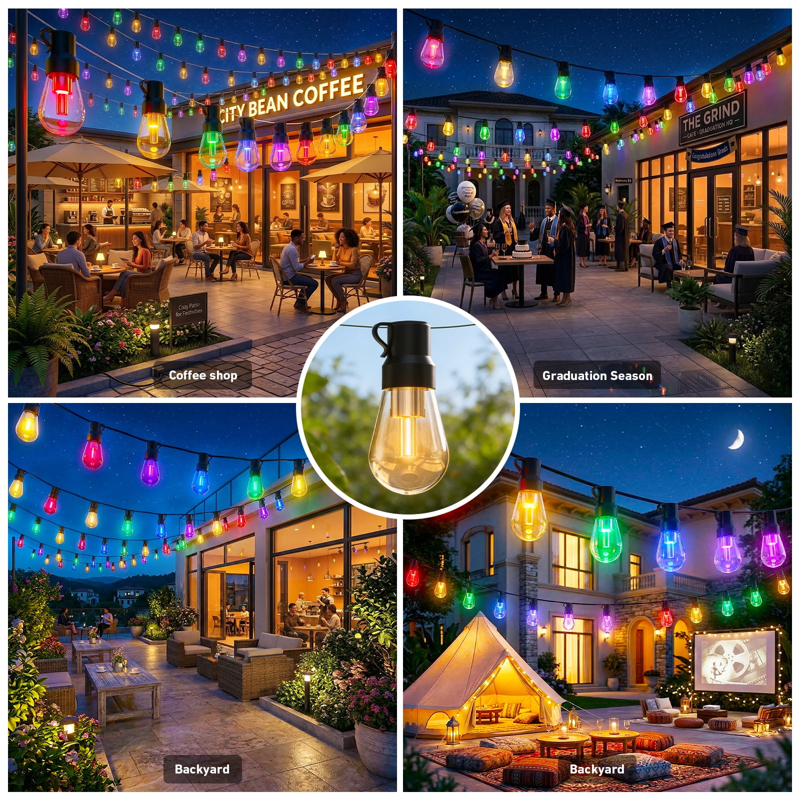 400FT RGB Outdoor String Lights, +IC Outside Light Dimmable Shatterproof LED Bulbs, IP67 Waterproof Chasing Effect Lighting DreamColor Patio Strip Lights for Backyard, Balcony, Outdoor Living