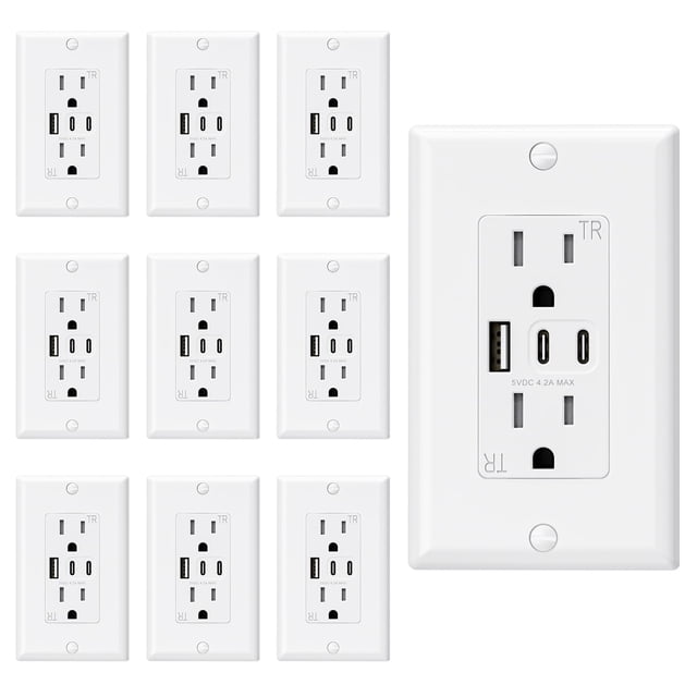 Enchufes de pared USB ELEGRP de 15 A con 3 puertos USB y 2 puertos USB C, paquete de 10