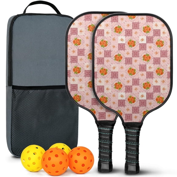 Pickleball Paddles Set,Pioneer Flower Floral Print Pattern Fiberglass Surface Pickleball Racket Set with 2 Indoor Outdoor Pickleball Balls and Pickleball Bag,Pickle-ball Equipment