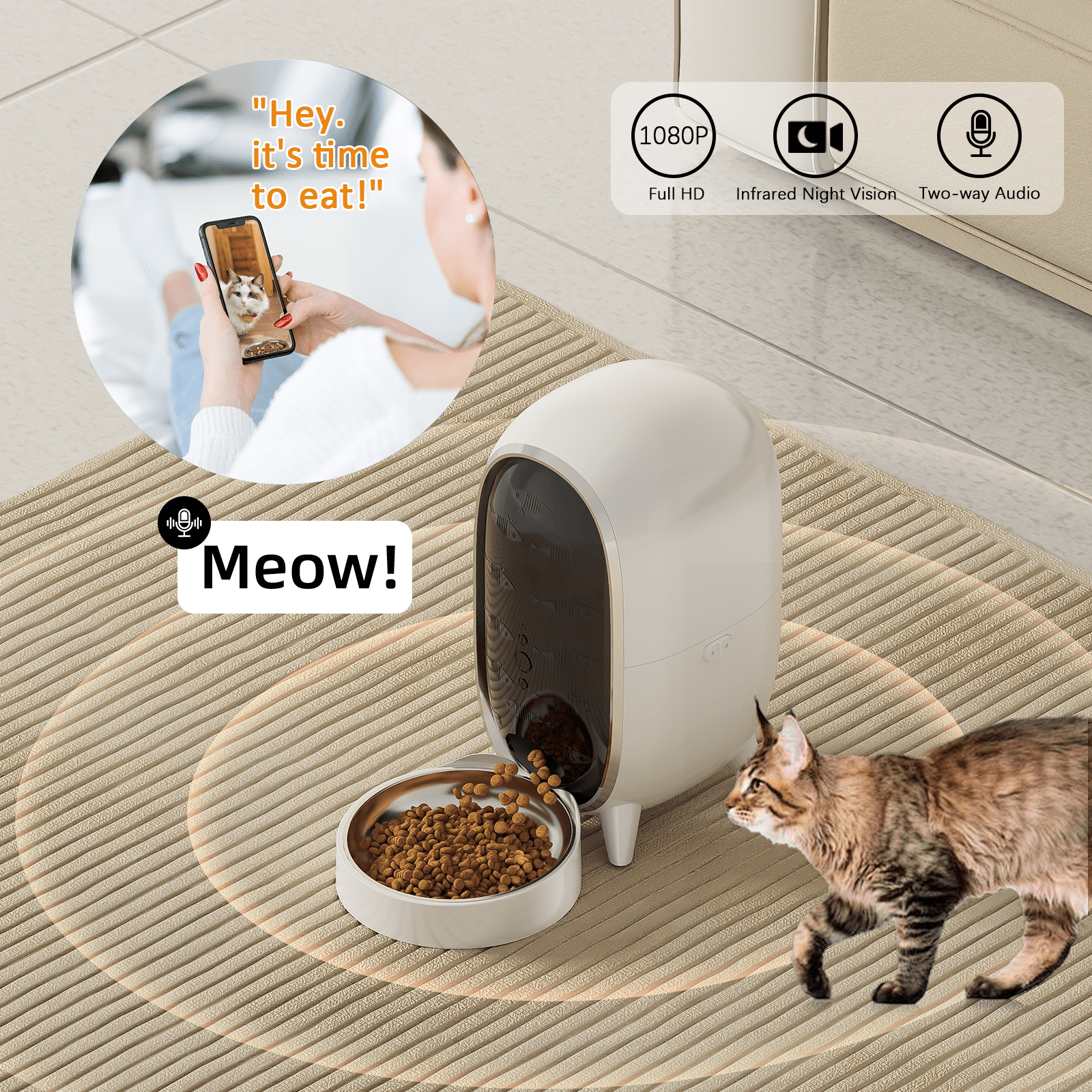 WAOWAO Smart Pet Feeder with 1080P HD Camera, App Control, Voice Recorder, 3L Large Capacity for Cats/Dogs