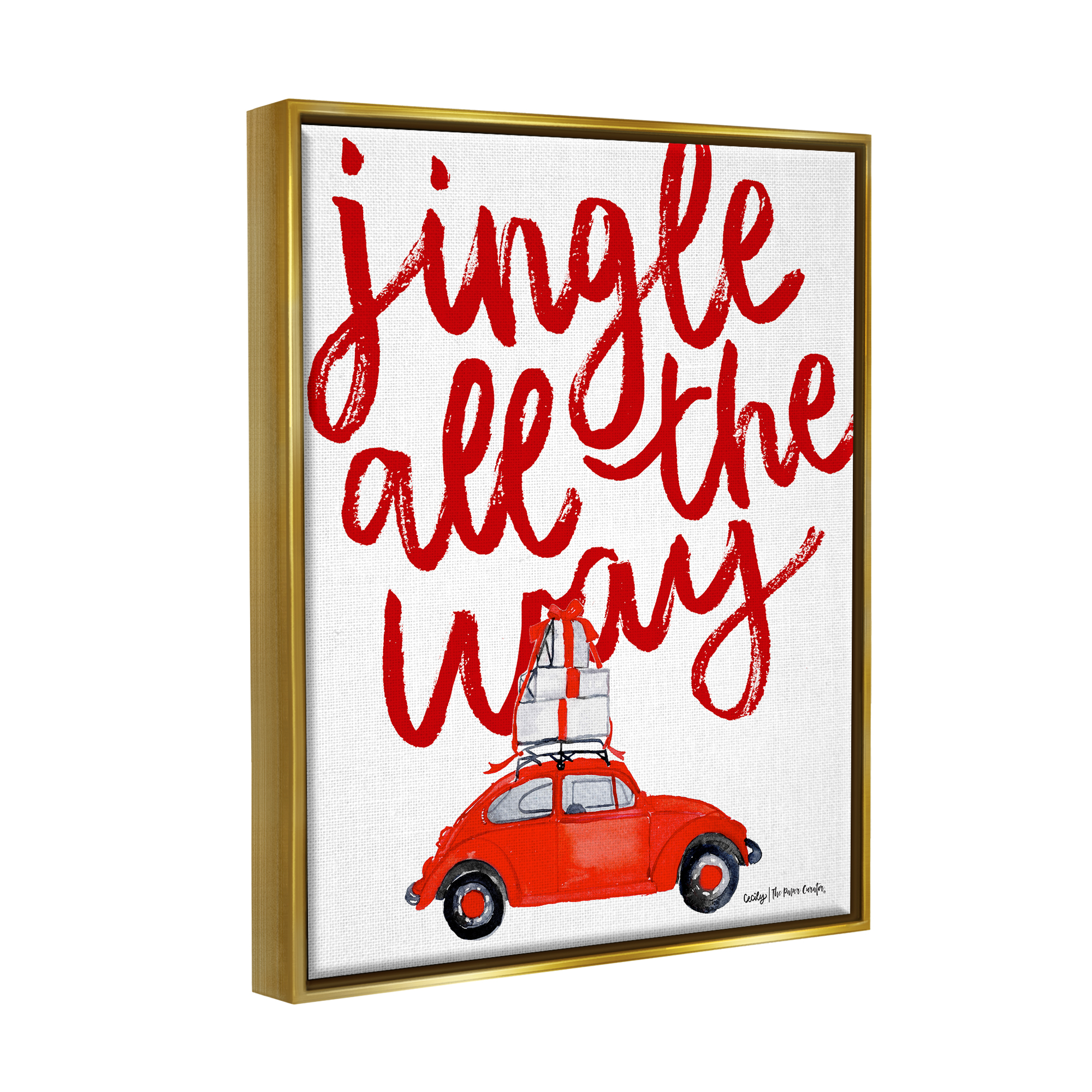 Stupell Industries Jingle All The Way Holiday Gifts Red Car Driving Graphic Art Metallic Gold Floating Framed Canvas Print Wall Art, Design by Cecily Moore