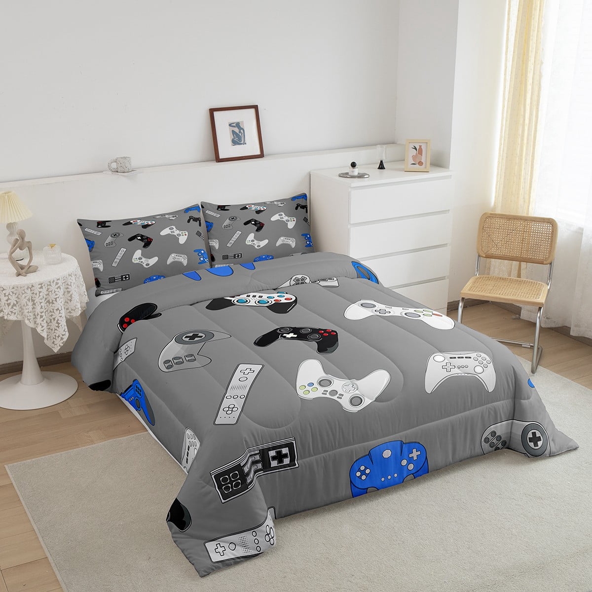 Erosebridal Video Game Comforter Set Console Gamer Gray Bedding Set Various Gamepad Comforter Modern Game Controller Decor Quilt Set Bedroom Collection 2Pcs Twin Size,Reversible