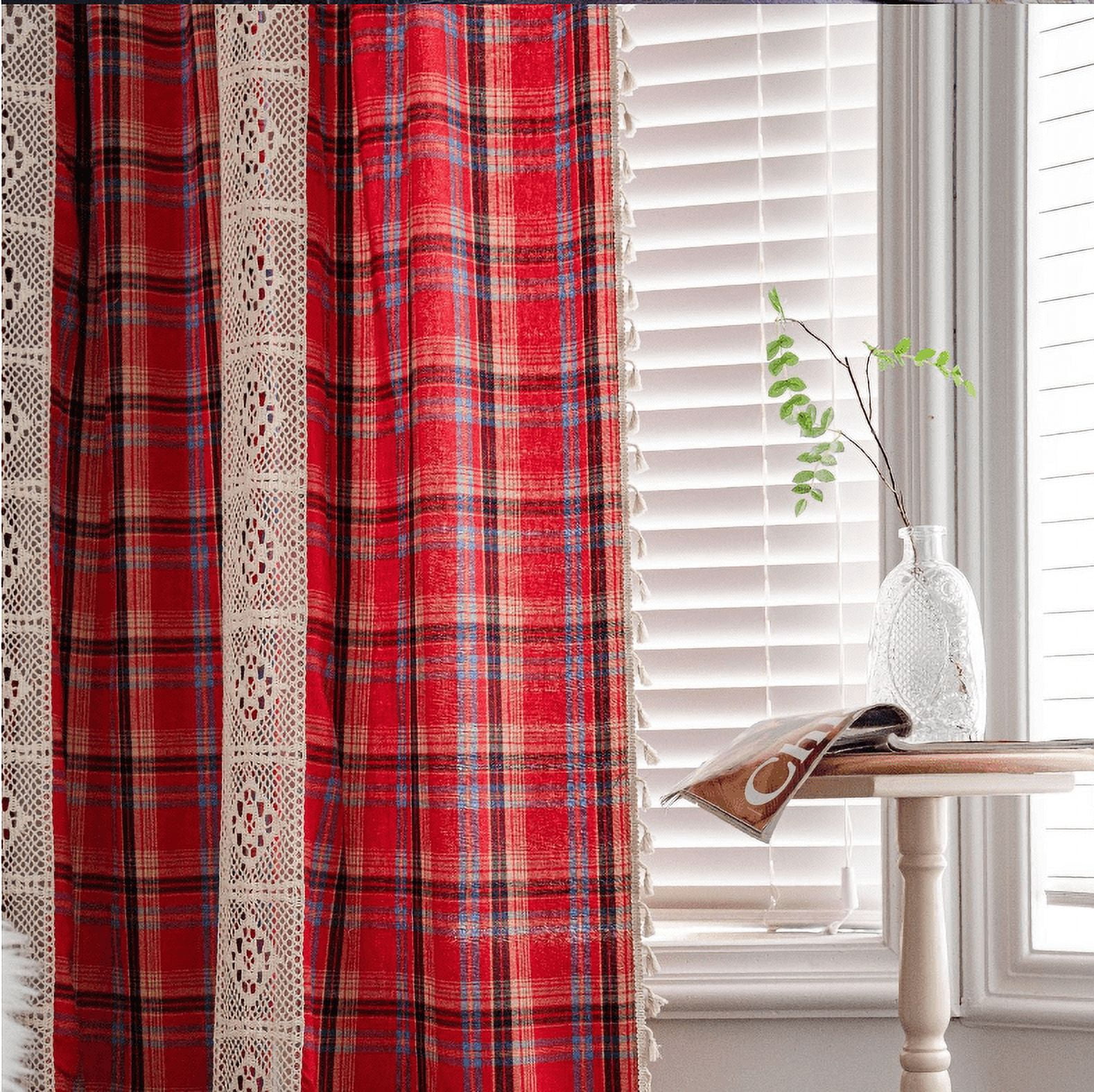 Boho Curtains Plaids for Bedroom, Semi Blackout Linen Farmhouse Tassels Window Treatment Bohemian Drape, Rod Pocket 1 Panel