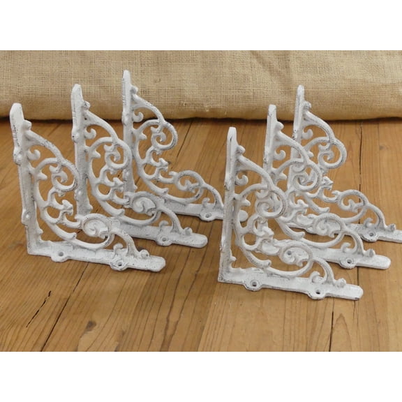 6 Cast Iron Shelf Brackets Antique Style White 6 1/4" x 5 1/4" Corbels Book Wall
