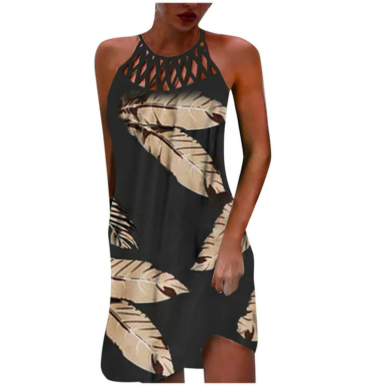 Hollow Halter Neck Dresses for Women Fashion Feather Print Sleeveless  Summer Midi Sundress for Beach Vacation 