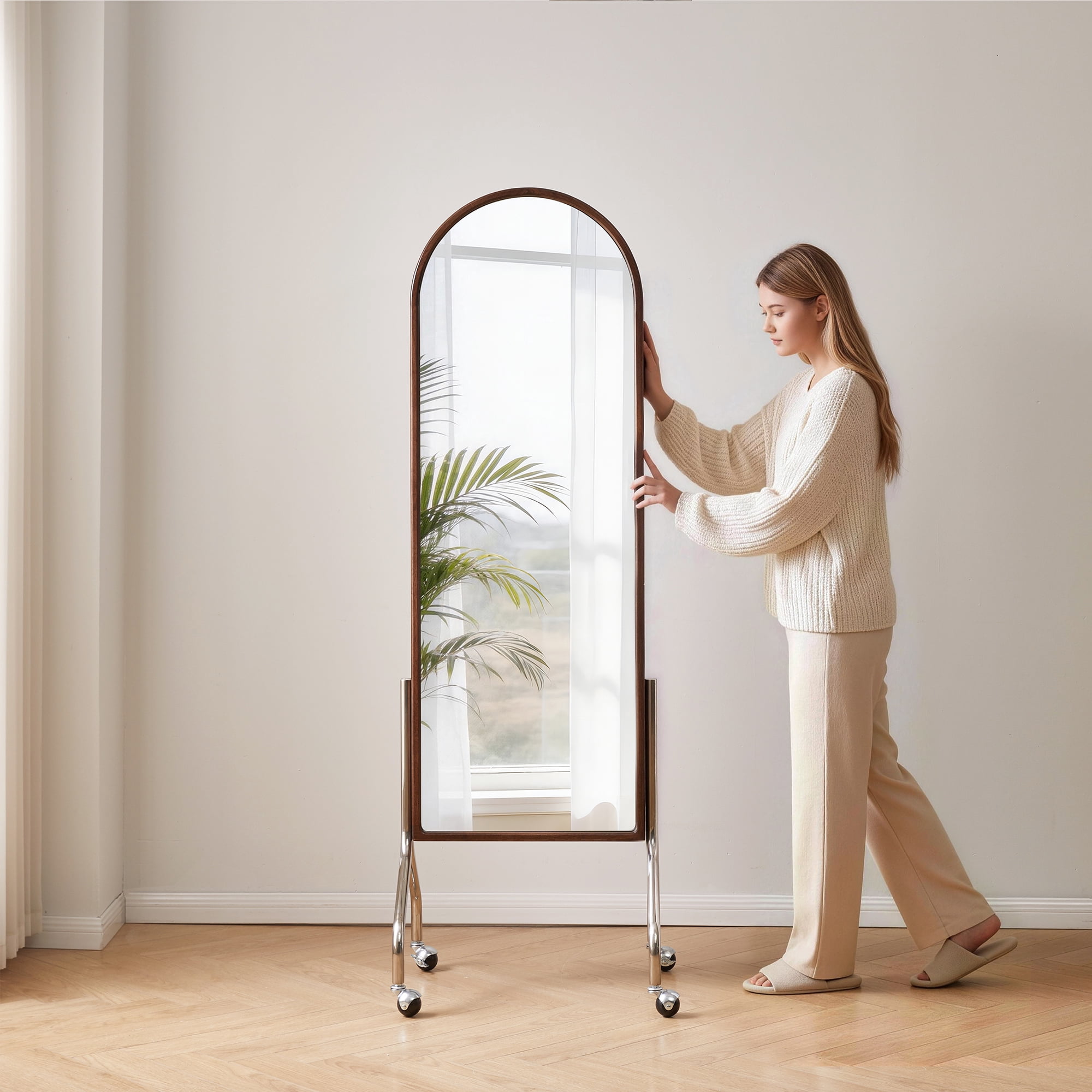 Arched Full Length Mirror with Storage Shelves & Wheels, Rubber Wood Frame Floor Mirror, Freestanding Rolling Mirror with Cart, 2-in-1 Dressing Mirror & Bookcase for Bedroom Living Room