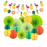 Shinysix Colorful Tropical Luau Party Favors Widget, 15PCS Hawaiian Hanging Paper Fans Flamingo Mexican Party Set