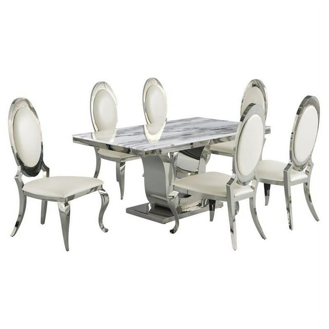 Ensemble de Salle à Manger de 7 Pièces en Marbre Blanc avec Base en Acier Inoxydable Argenté