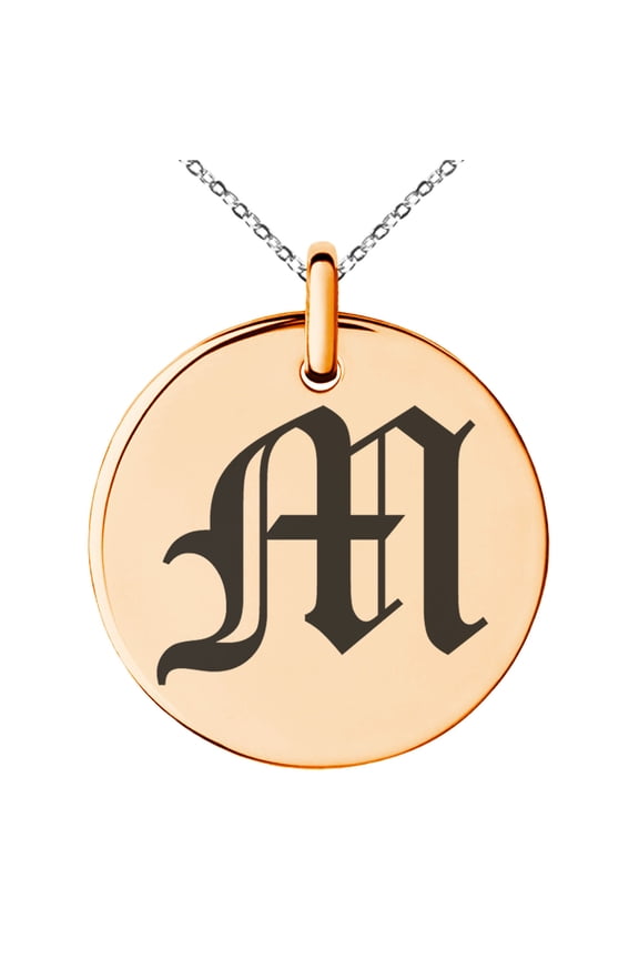 Stainless Steel Letter M Initial Old English Monogram Engraved Small Medallion Circle Charm Pendant Necklace