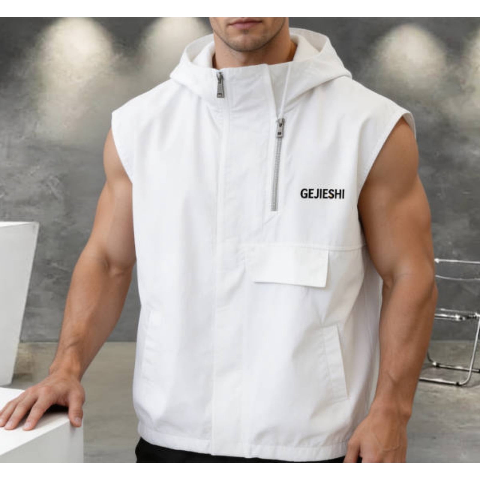 Men's Cycling Running Vest Sleeveless Jacket Windbreakers with Hood - Windproof, Breathable,Loose Big and Tall Size M-4XL White