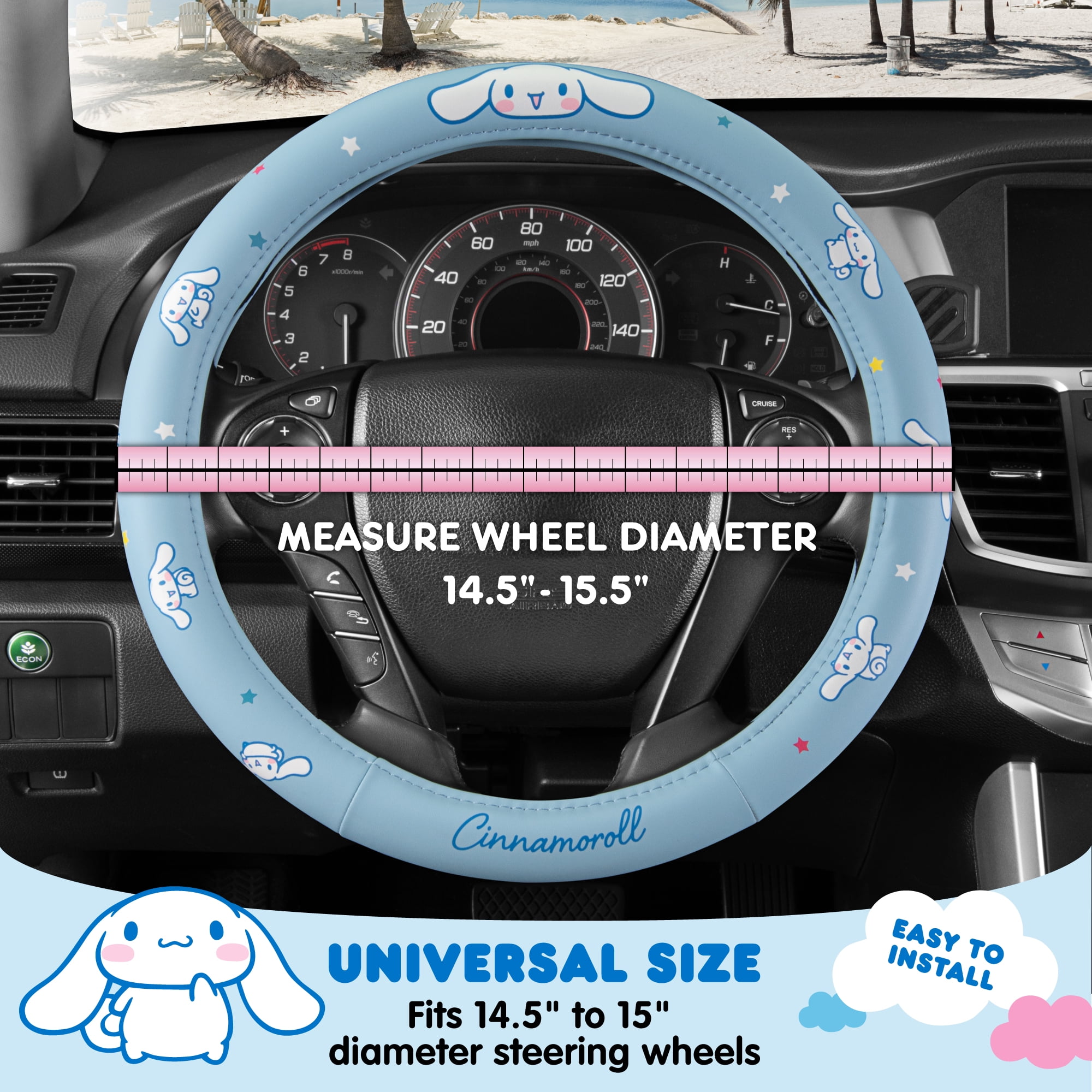 Official Sanrio Hello Kitty Cinnamoroll Steering Wheel Cover with Easy Clip-on Car Air Freshener, Odor Eliminator, Fun Scents