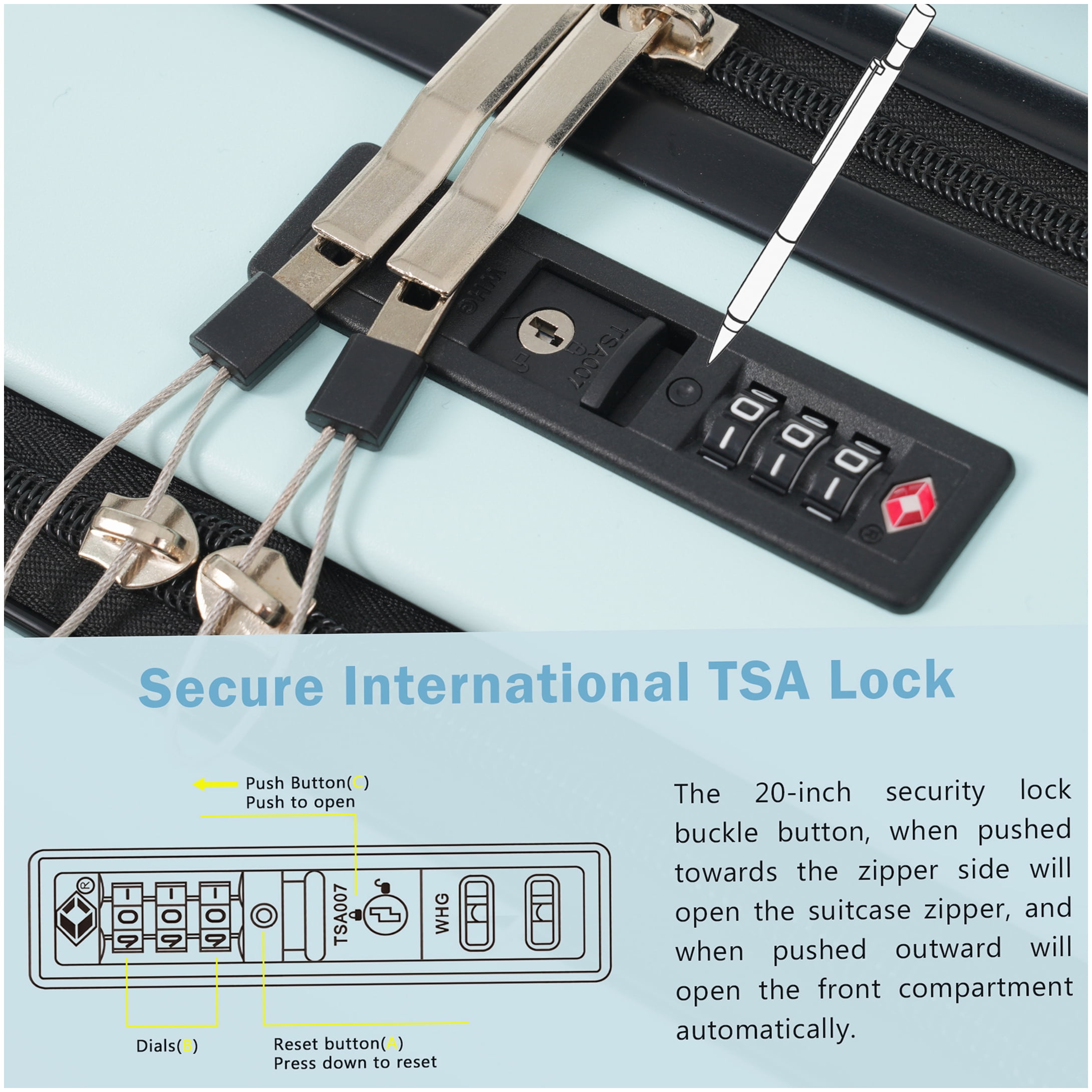 ABS Hardside 3-Piece Luggage Set with Front Opening & USB Charger, TSA Lock, Expandable Light Blue Suitcase with Wheels
