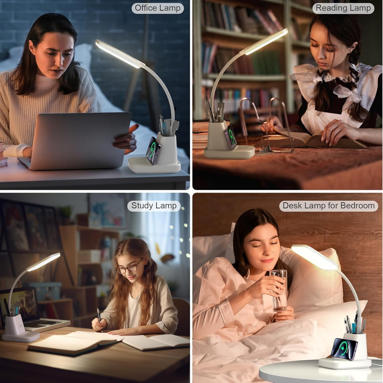 Desk Lamp with Wireless Charger, LED Desk Lamps for Home Office Eye-Caring CRI 85+, 3 Color Modes, Stepless Dimming Touch Table Lamp, Study Small White Lamp with Pen Holder for College Dorm