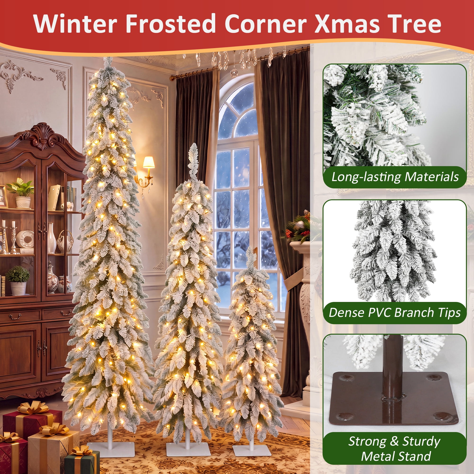 Set of 3 Snow Flocked Pre-Lit Pencil Christmas Tree, Slim Artificial Xmas Tree with Warm White LED Lights, Metal Base, Indoor Holiday Decor